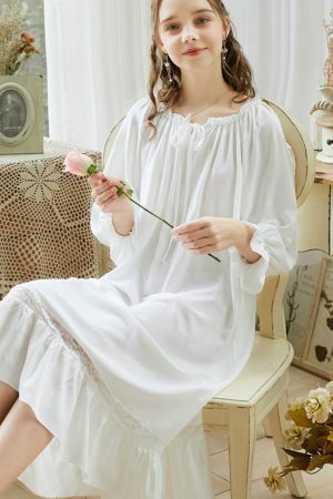 Y2K Lace Long Robe: Elegant Victorian Cotton Night Dress