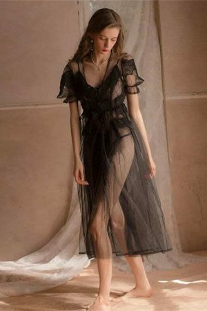 Y2K Lace Mesh Nightgown for Women - Streetwear Bathrobe Sleepwear