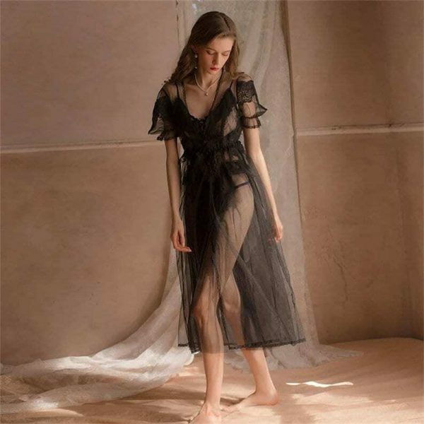 Y2K Lace Mesh Nightgown for Women - Streetwear Bathrobe Sleepwear