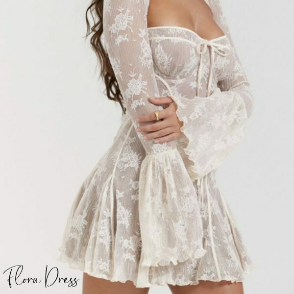 Y2K Lace Mini Dress with Bell-Bottom Sleeves for Wedding Guest, Prom, Cocktail Party