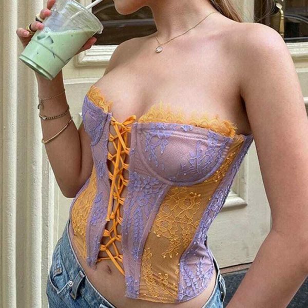 Y2K Lace Patchwork Bandage Bustier Off Shoulder Streetwear