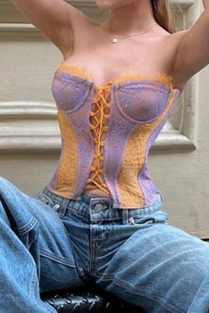 Y2K Lace Patchwork Bandage Bustier Off Shoulder Streetwear