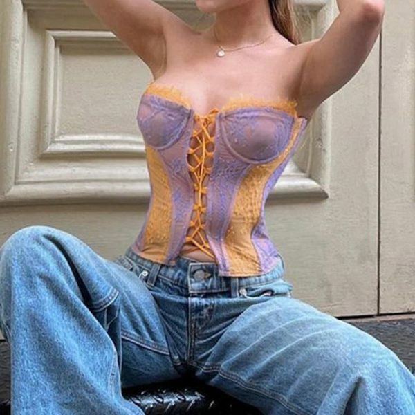 Y2K Lace Patchwork Bandage Bustier Off Shoulder Streetwear