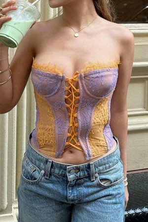 Y2K Lace Patchwork Bandage Bustier Off Shoulder Streetwear