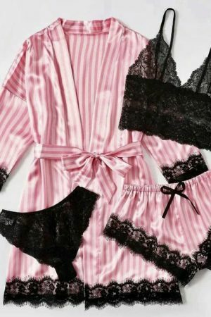 Y2K Lace Satin Sleepwear Set: Elegant Robe & Sexy Pajama Pants - Fashionable Comfort for Women's Nightwear