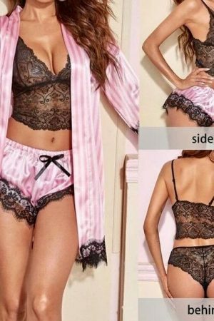 Y2K Lace Satin Sleepwear Set: Elegant Robe & Sexy Pajama Pants - Fashionable Comfort for Women's Nightwear