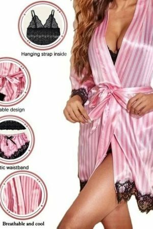 Y2K Lace Satin Sleepwear Set: Elegant Robe & Sexy Pajama Pants - Fashionable Comfort for Women's Nightwear