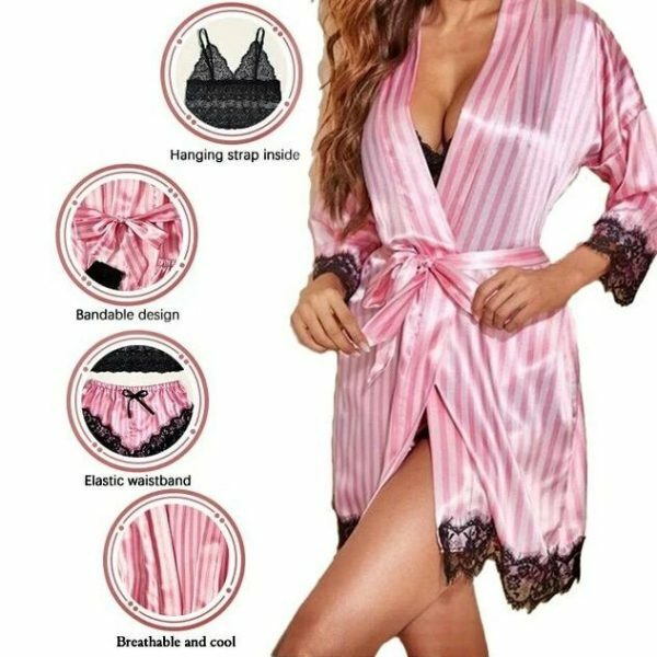 Y2K Lace Satin Sleepwear Set: Elegant Robe & Sexy Pajama Pants - Fashionable Comfort for Women's Nightwear