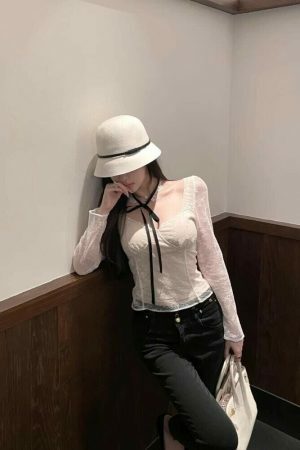 Y2K Lace Top with Ribbon Choker