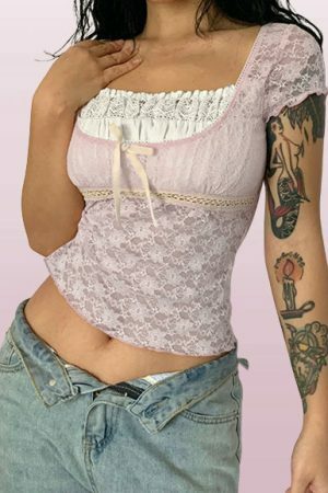 Y2K Lace Trim Milkmaid Coquette Crop Top - Retro Sweet Korean Aesthetic