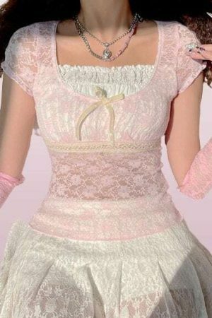 Y2K Lace Trim Milkmaid Coquette Crop Top - Retro Sweet Korean Aesthetic