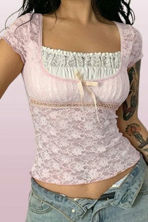 Y2K Lace Trim Milkmaid Coquette Crop Top - Retro Sweet Korean Aesthetic