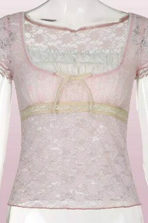 Y2K Lace Trim Milkmaid Coquette Crop Top - Retro Sweet Korean Aesthetic