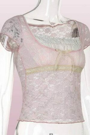 Y2K Lace Trim Milkmaid Coquette Crop Top - Retro Sweet Korean Aesthetic