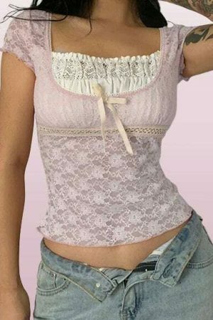 Y2K Lace Trim Milkmaid Coquette Crop Top - Retro Sweet Korean Aesthetic