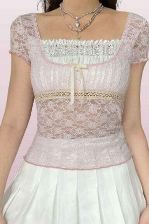 Y2K Lace Trim Milkmaid Coquette Crop Top - Retro Sweet Korean Aesthetic