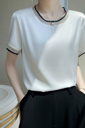 Y2K Lace Trim Silk Blouse Women's Streetwear Tee