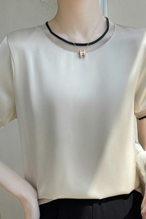 Y2K Lace Trim Silk Blouse Women's Streetwear Tee