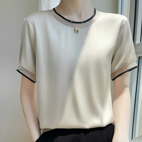 Y2K Lace Trim Silk Blouse Women's Streetwear Tee