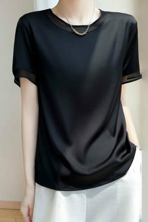 Y2K Lace Trim Silk Blouse Women's Streetwear Tee