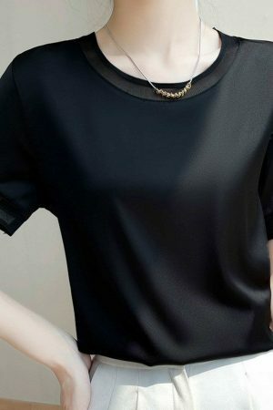 Y2K Lace Trim Silk Blouse Women's Streetwear Tee