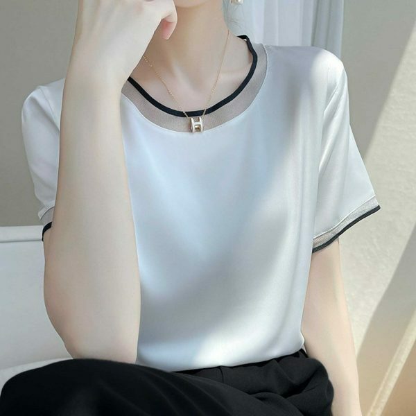 Y2K Lace Trim Silk Blouse Women's Streetwear Tee