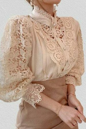 Y2K Lace Trim Victorian Blouse | Retro Stand-Up Collar