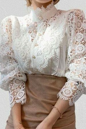 Y2K Lace Trim Victorian Blouse | Retro Stand-Up Collar