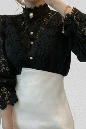 Y2K Lace Trim Victorian Blouse | Retro Stand-Up Collar