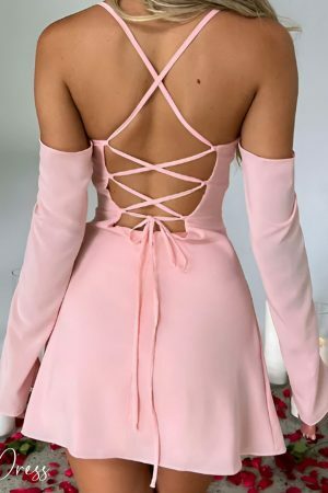 Y2K Lace-Up Back Pink Prom Dress, Backless Fairy Aesthetic Summer Party Dress