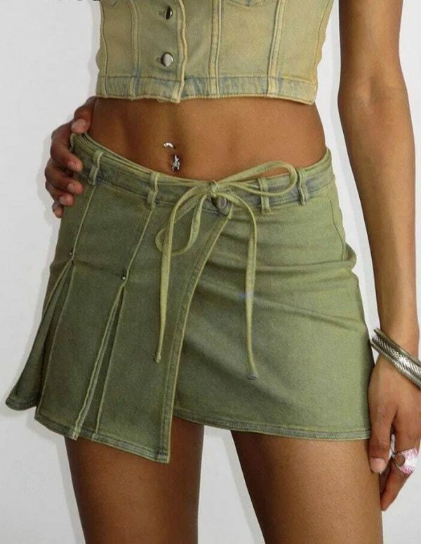 Y2K Lace Up Denim Irregular Pleated Mini Skirt - Women's Streetwear Fashion