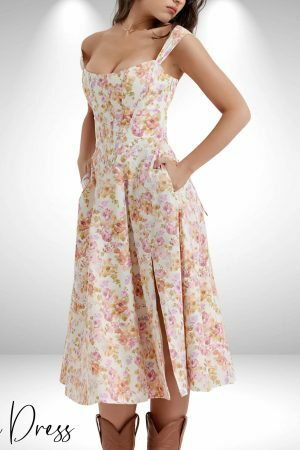 Y2K Lace-Up Floral Midi Dress with Pockets and Split