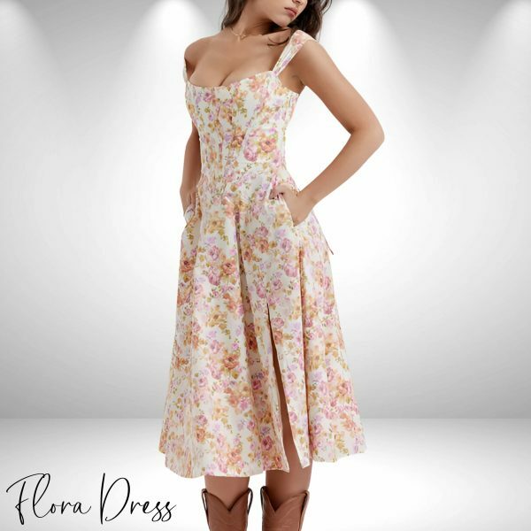 Y2K Lace-Up Floral Midi Dress with Pockets and Split