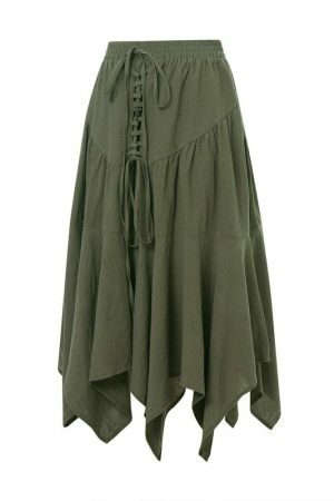 Y2K Lace-Up Pleated Grunge Midi Skirt Vintage Streetwear