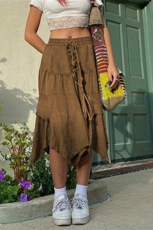 Y2K Lace-Up Pleated Grunge Midi Skirt Vintage Streetwear