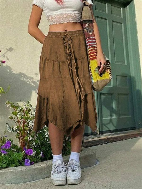 Y2K Lace-Up Pleated Grunge Midi Skirt Vintage Streetwear