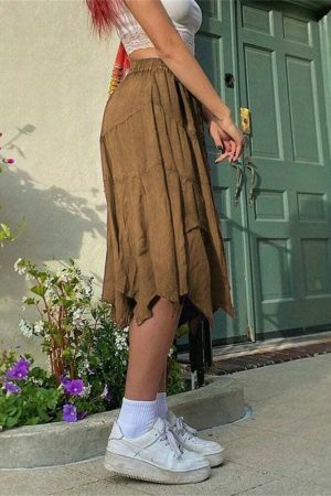 Y2K Lace-Up Pleated Grunge Midi Skirt Vintage Streetwear