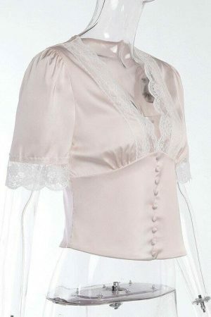 Y2K Lace V-neck Buttoned Blouse - Streetwear Chic