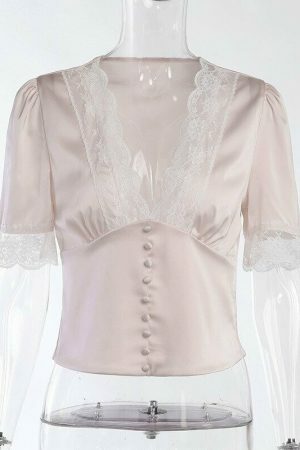 Y2K Lace V-neck Buttoned Blouse - Streetwear Chic