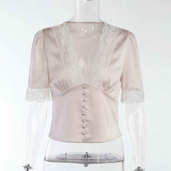 Y2K Lace V-neck Buttoned Blouse - Streetwear Chic