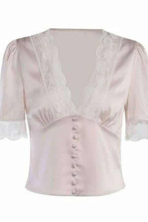 Y2K Lace V-neck Buttoned Blouse - Streetwear Chic