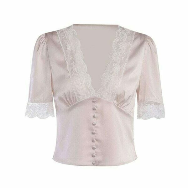 Y2K Lace V-neck Buttoned Blouse - Streetwear Chic