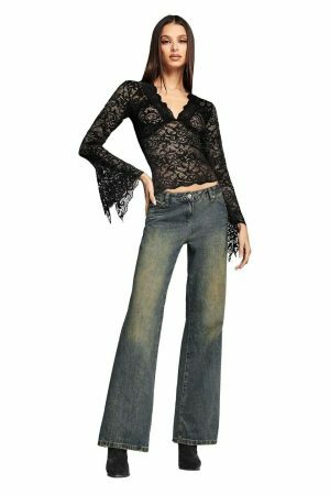 Y2K Lace V-neck Long Sleeve Skinny Top - Women's Streetwear for Summer Party Club