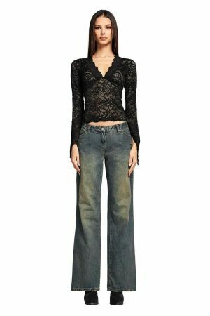 Y2K Lace V-neck Long Sleeve Skinny Top - Women's Streetwear for Summer Party Club