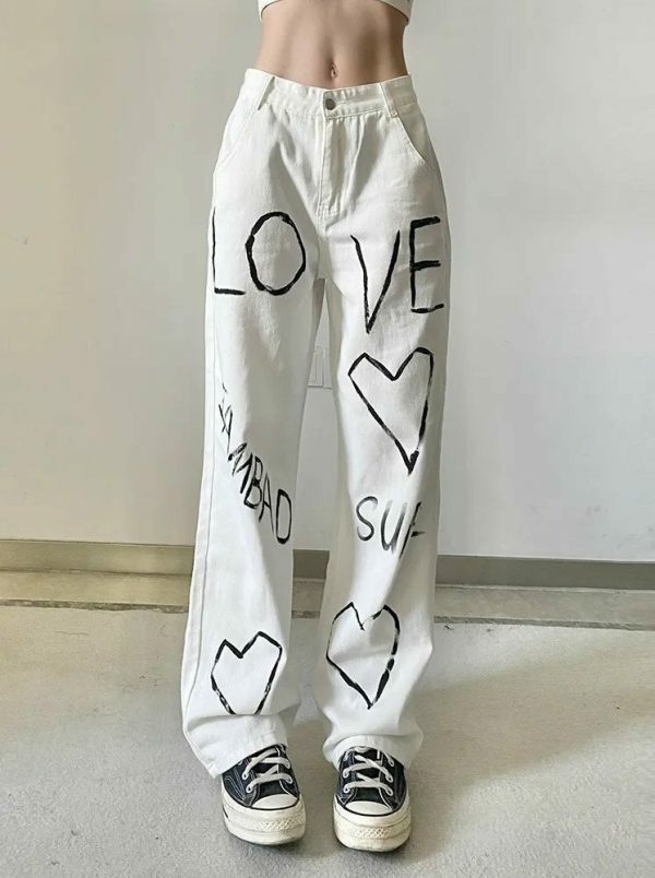 Y2K Letter Print High Waist Baggy Denim Jeans for Women