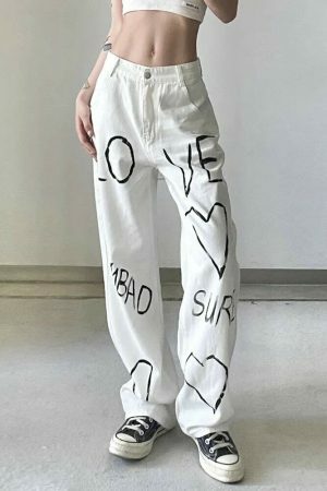 Y2K Letter Print High Waist Baggy Denim Jeans for Women