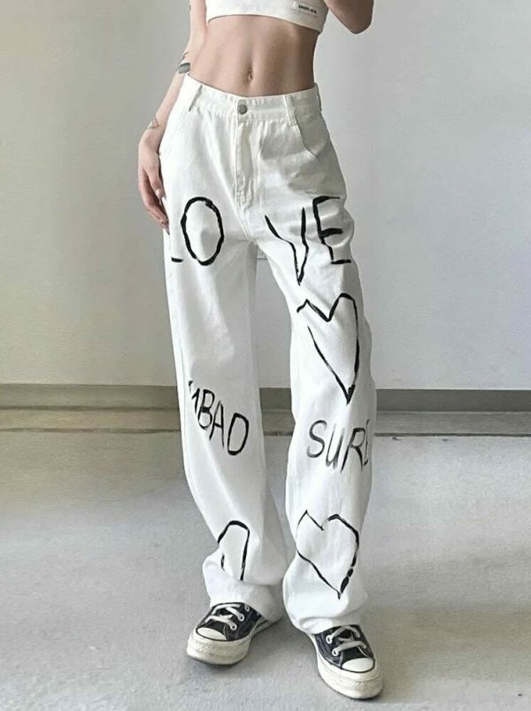 Y2K Letter Print High Waist Baggy Denim Jeans for Women