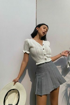 Y2K Light Grey Tennis Skirt Pleated French Retro Streetwear