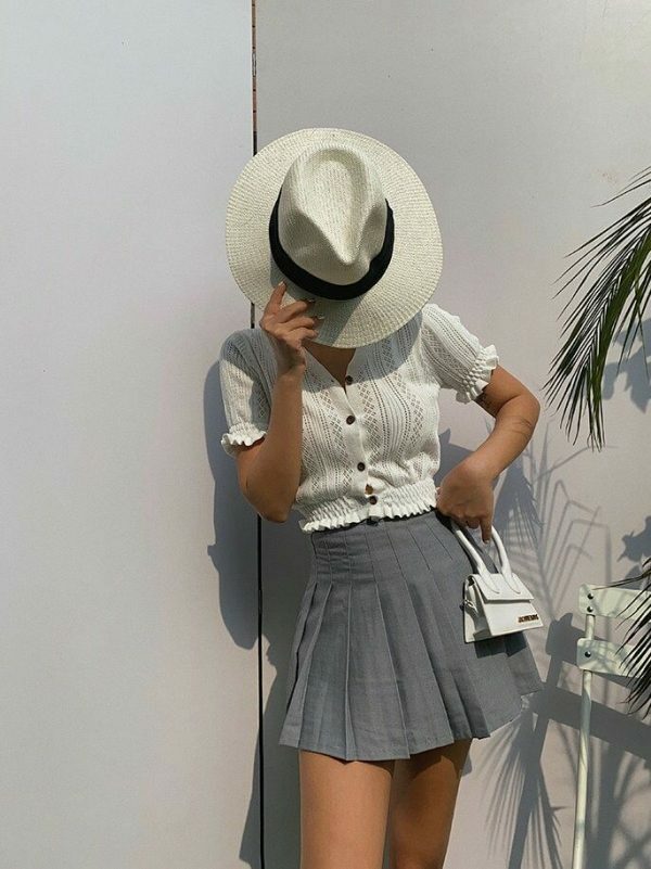 Y2K Light Grey Tennis Skirt Pleated French Retro Streetwear