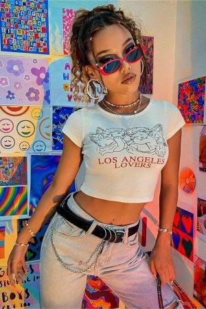 Y2K Los Angeles Lovers White Crop Tee - Trending Streetwear Fashion